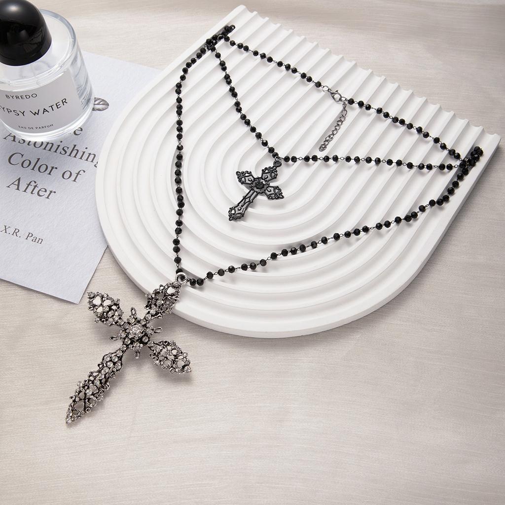 Vintage Double-Layered Cross Pendant Necklace Femininity Dark Wind Long Sweater Chain Niche Design Item