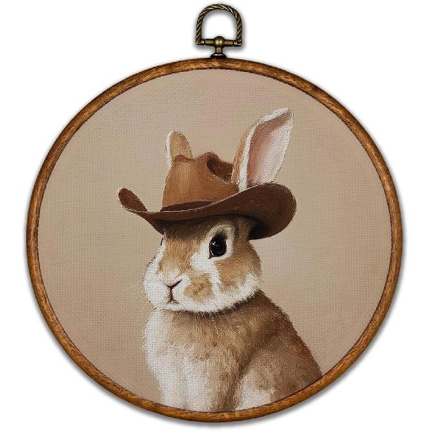 BCUANGD Vintage Animal Round Wall Art Decor - Retro Bear Neutral Wall Art Canvas Frame Artwork Prints, Rustic Moody Country Round Wall Hanging