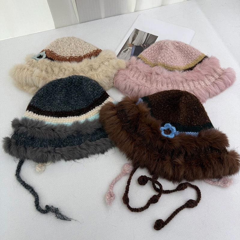Flower contrasting color knitted bucket hat women's autumn and winter retro face small wool hat rabbit hair thermal bucket hat