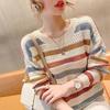 Women's Spring Autumn Hollow Color Striped Knitted Top Loose Fit Cropped Bat Top Thin Cover Ups