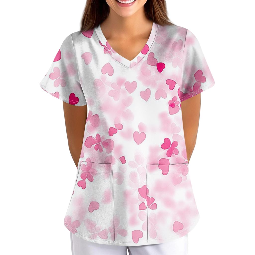 ÜbergrößeBedruckte Kasack Arbeitsuniform Oberteile für Damen V-Ausschnitt mit Überkreuzung Print Kurzarm Lustige T-Shirts Arbeitskleidung T-Shirt mit Taschen