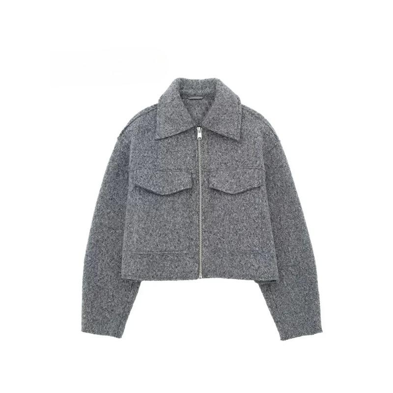 Dámská móda s kapsami Šedé bundy na zip vpředu Vintage klopový límec Dlouhé rukávy Dámské elegantní outfity