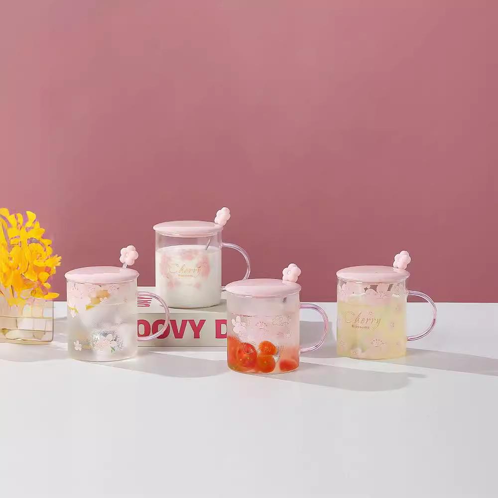 Summer Japanese Cherry Blossom Glass Cups for Girls High Appearance Level Household Water Cups High Temperature Resistant Large Capacity Milk Cups
