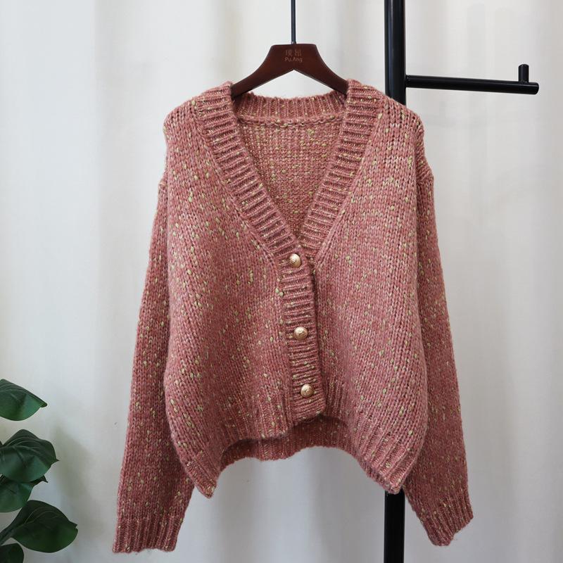Autumn and winter new V-neck loose short knitted cardigan gentle wind soft waxy lazy wind sweater jacket women