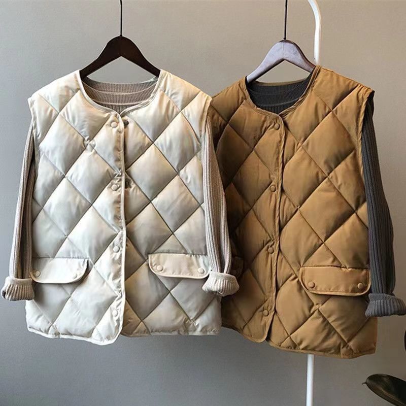 Women Autumn Winter Quilted Vest Sleeveless O-neck Loose Padded Waistvest Single Breasted Casual Ultralight Portable Vest