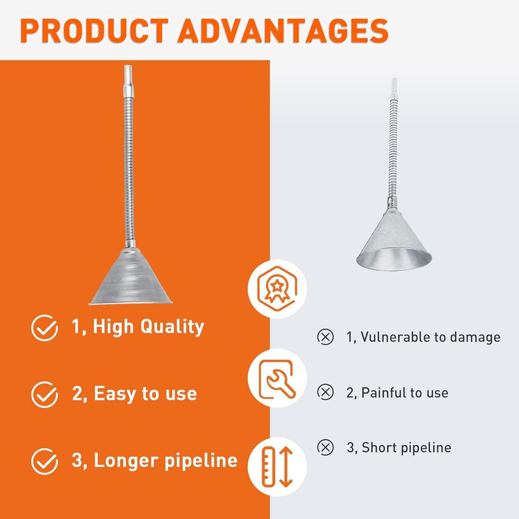 Steel Bendable Universal Spout Funnel with Filter and Flexible Pipe - Galvanized for All Automotive Oils, Diesel Fuel and Other Liquids - Silver