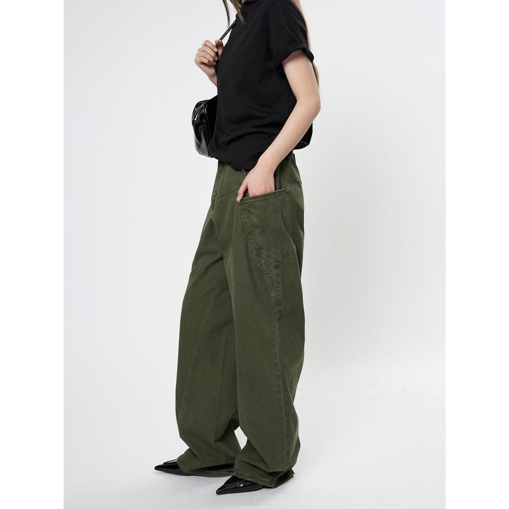 Louvre Spring Retro Low-Waist Loose-Fit Slim Green Women's Overalls