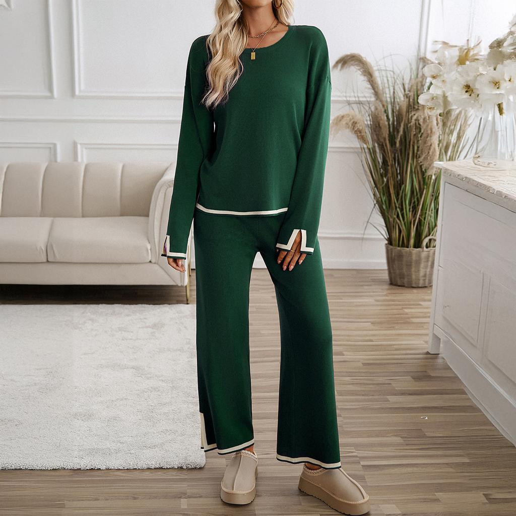 Women's Color Block Long Pants Round Neck Long Sleeve Loungewear Set