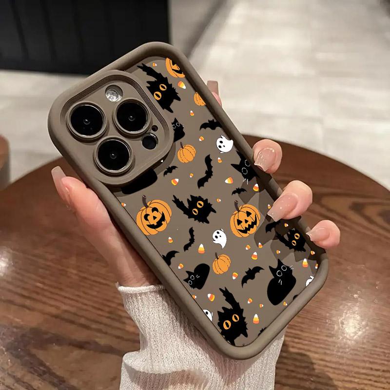 Halloween Cat Pumpkin Bat Silicone Soft TPU Phone Case for iPhone 16 Pro Max 15 Plus 14 13 12 11 17 Air 16E Shockproof Cover