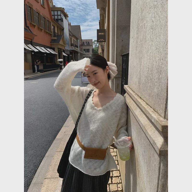 NEWOPEN 2024 Winter Maillard Korean Loose V-Neck Commuting Pullover Sweater F2335 for Women