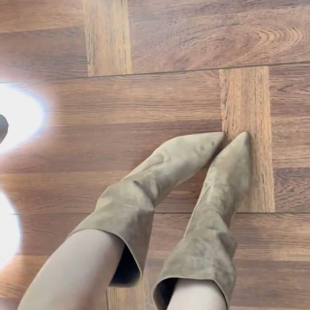 Pleated High-heeled Boots Spice Girl Stiletto Skirt Loose Pile Lazy Wind Boots Women's Pointed Head Medium Tube with Suede