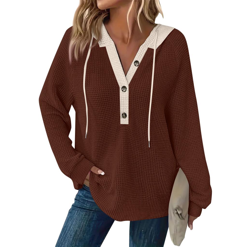 Damska bluza z długim rękawem i ściągaczem w blokach kolorów, z kapturem i guzikami, z dekoltem w serek, w swobodnym stylu