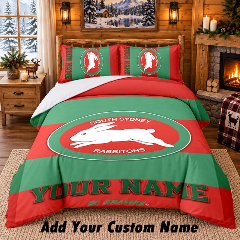 South Sydney Rabbitohs Pattern Bedding 3Pcs Set Custom Name, Bed Sheet And Pillowcases For Home Bedroom