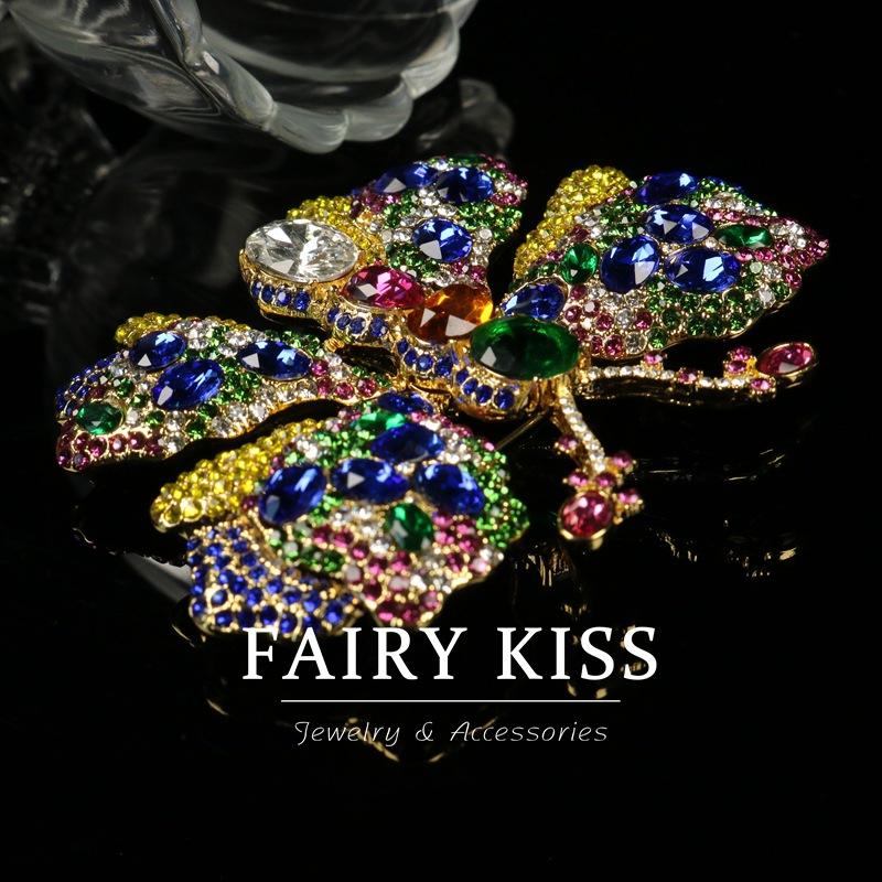 Brooch Heavy Industry Full Diamond Color Simulation Butterfly Plated Real Gold Luxury Corsage French Retro Style