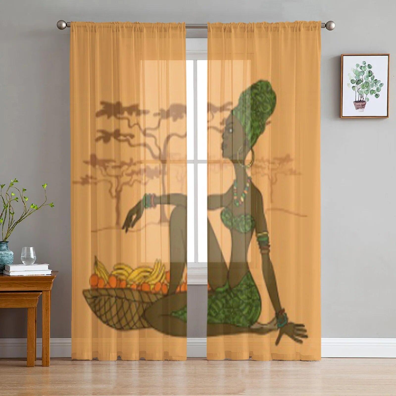 

African Woman Ethnic Tulle Sheer Curtains for Living Room Bedroom Kitchen Voile Organza Decoration 135W x 114H(cm)