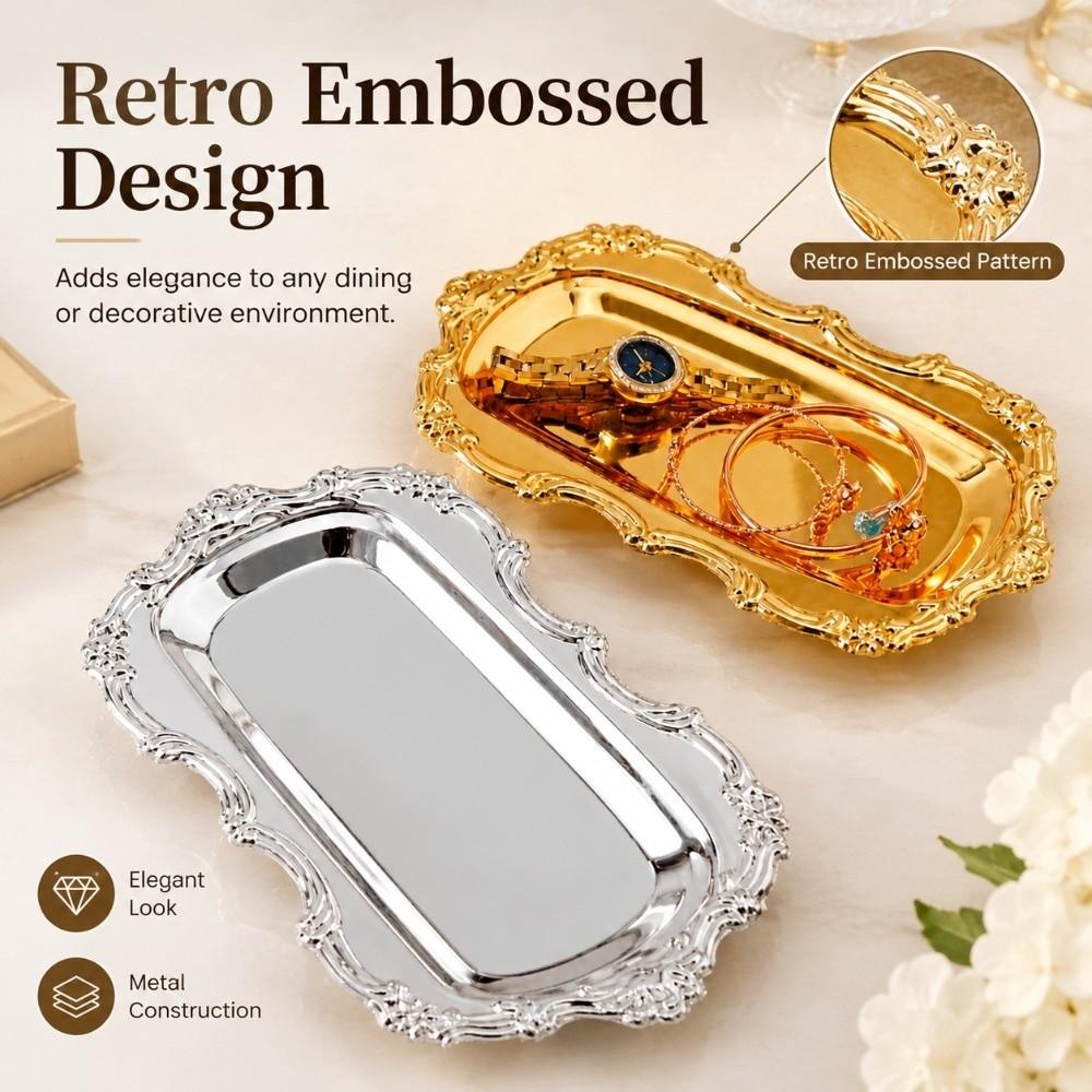 Gold Silver Metal Serving Plate Embossed Design Dessert Cake Dish Round Food Tray Jewelry Storage