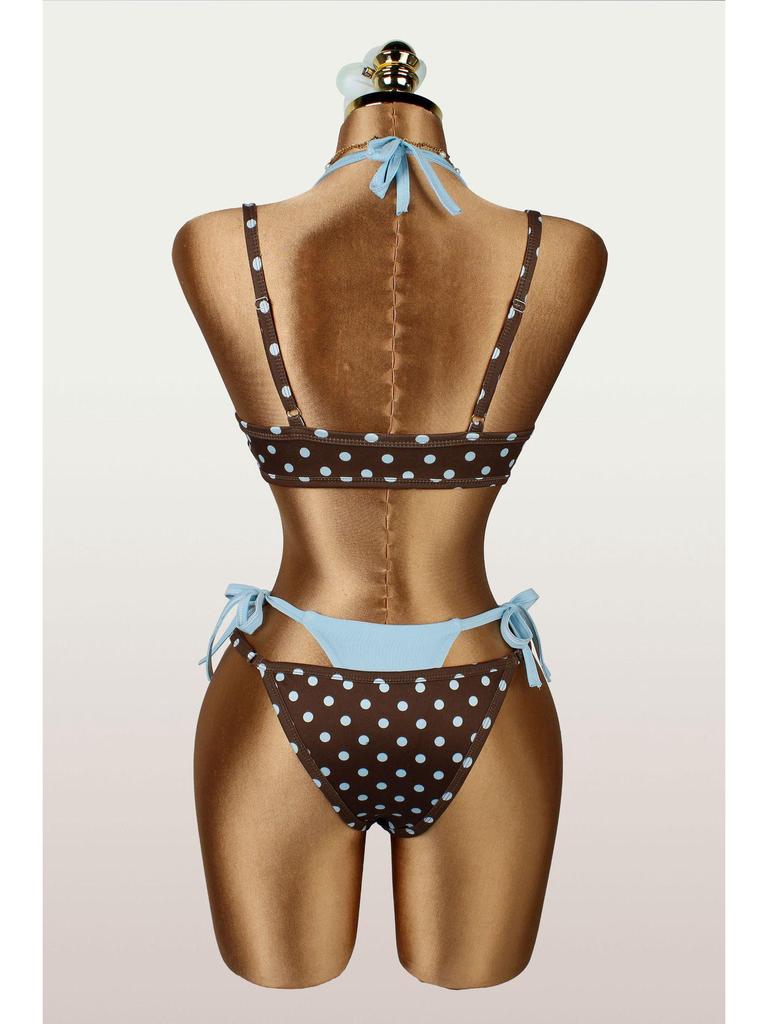 Slim Polka Dot Color Block Open-Back Bandage Bikini