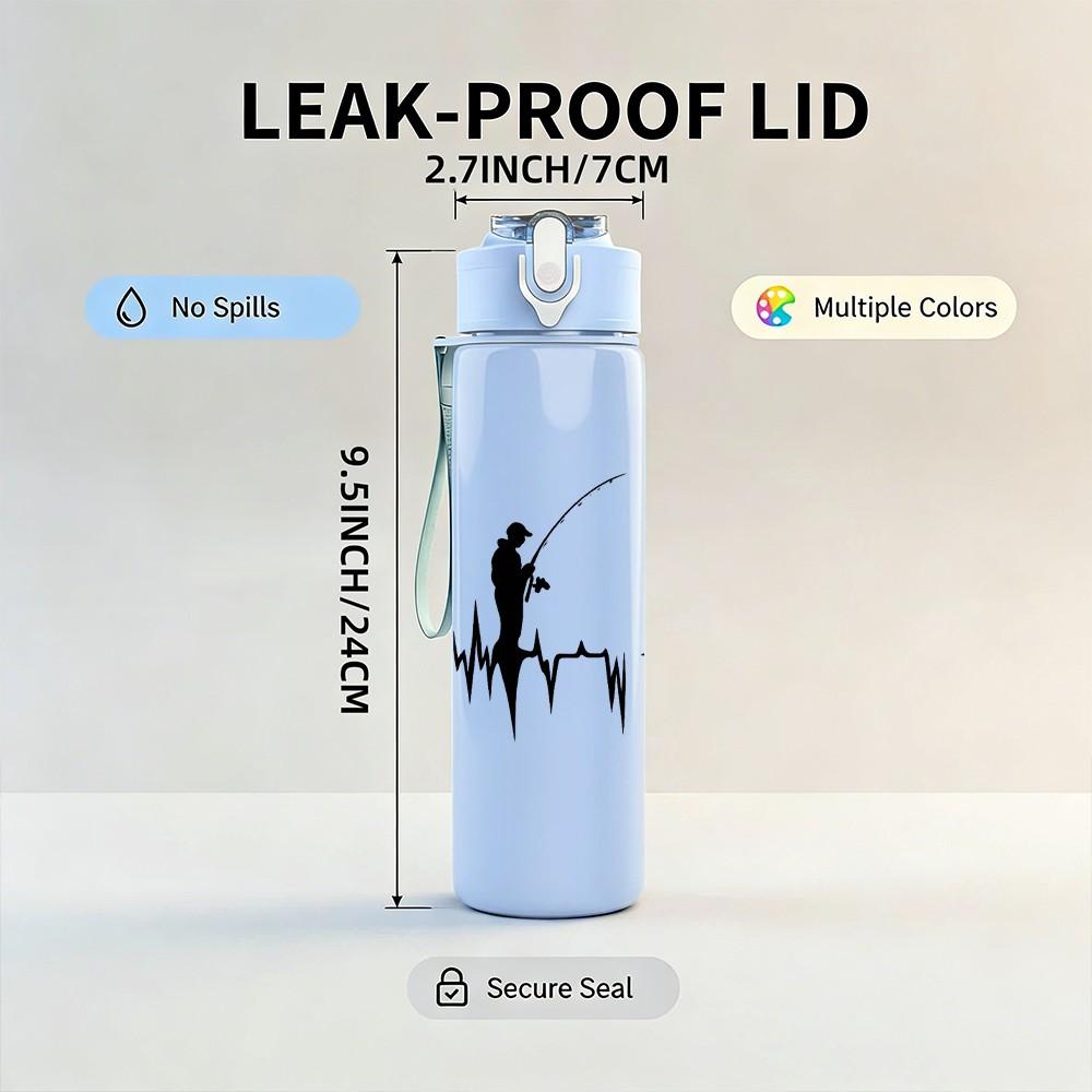 1PC Fisherman Fishing Heartbeat Print 750ml Color Plastic Sports Water Bottle Leakproof Flip Straw Lid Suitable for Sports Office Home Use
