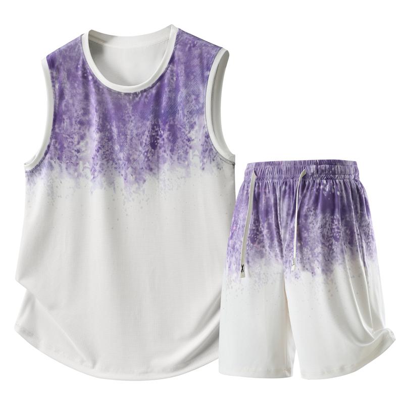 Men's Plus Size Tie-Dye Gradient 2-Piece Set, Waffle Knit Tank Top & Shorts (5XL-11XL)