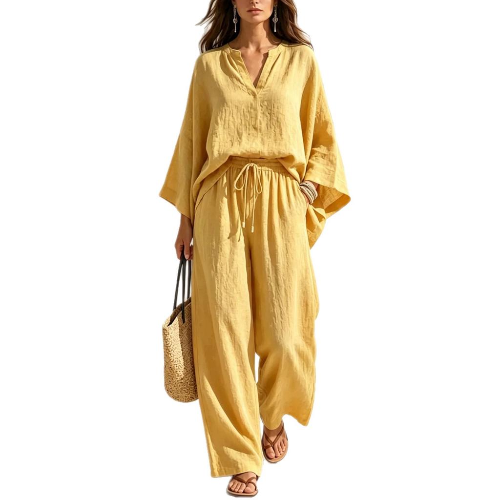 Spring and Summer New Collection Solid Color Two-Piece Set with V-Neck and Comfortable Loose Fit