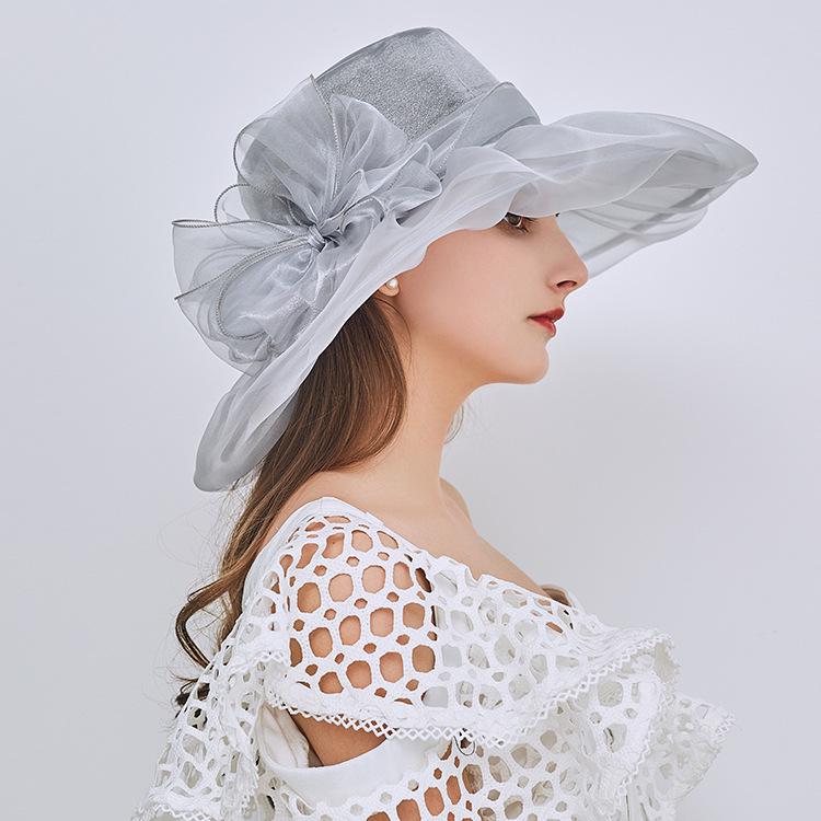 Flower Mesh Top Hat Retro Elegant Double-Layer Organza Sun Hat Foldable Sunscreen Big Brim Hat Women'S Summer