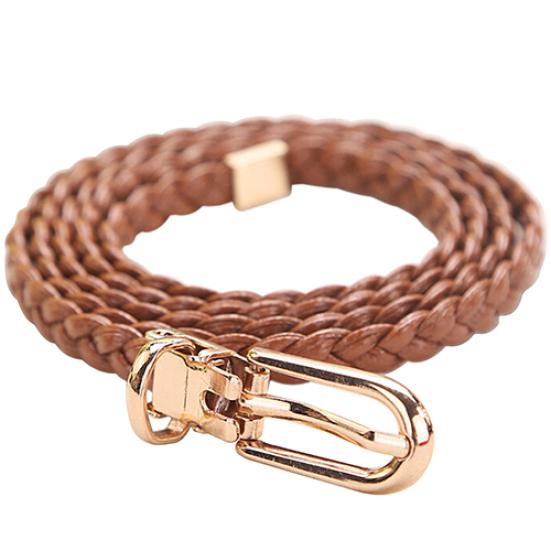 Women Braided PU Leather Narrow Thin Buckle Strap Waist Belt All-Match Waistband