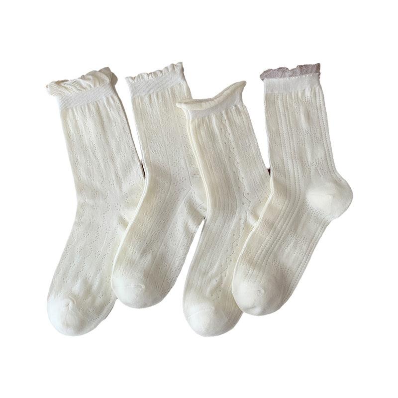 Ladies Summer Thin Mesh Hollow Out Breathable Sweet Lace Lace Bubble Mouth White Tube Stack Socks