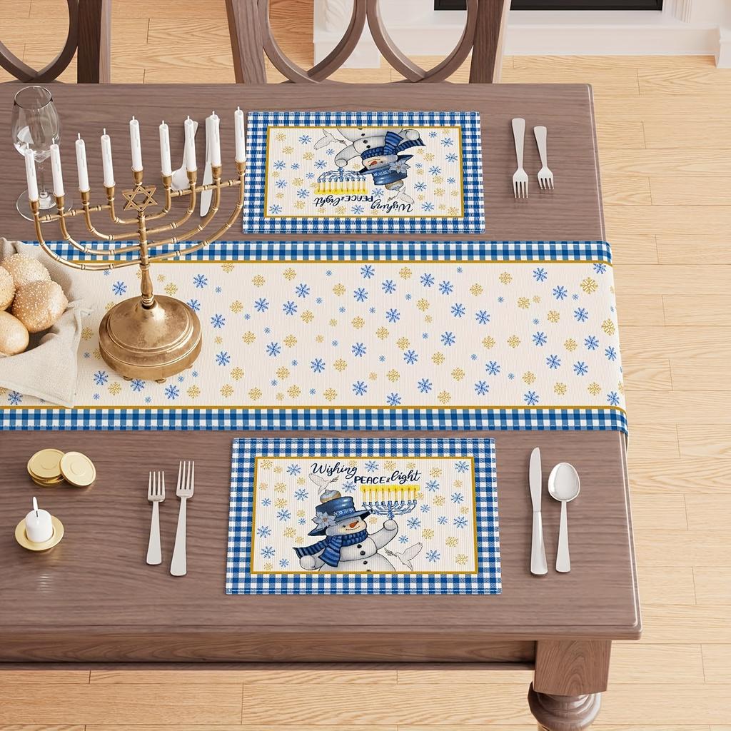 4/6pcs Set Hanukkah Snowman Menorah Dove Snowflake Placemats, Suitable for Home Kitchen Dining Room Parties Indoor/Outdoor Decoration, 12x18 Inches