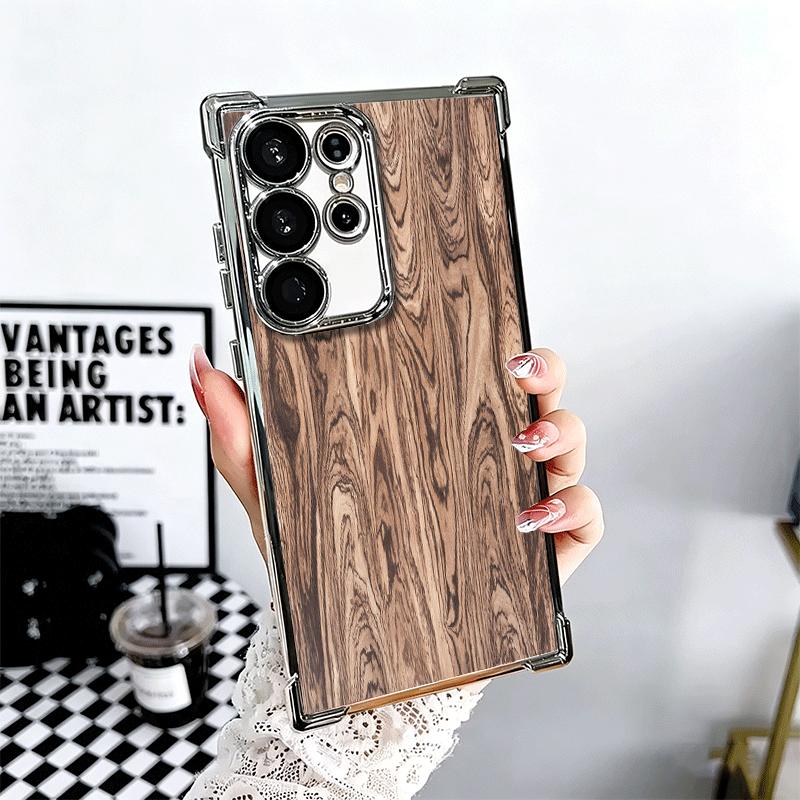 Vintage Wood Grain Pattern Plating Phone Case For Samsung Galaxy S24 S25 FE S26 Edge S23 Ultra S22 S21 Plus S20 Anti-Fall Airaba
