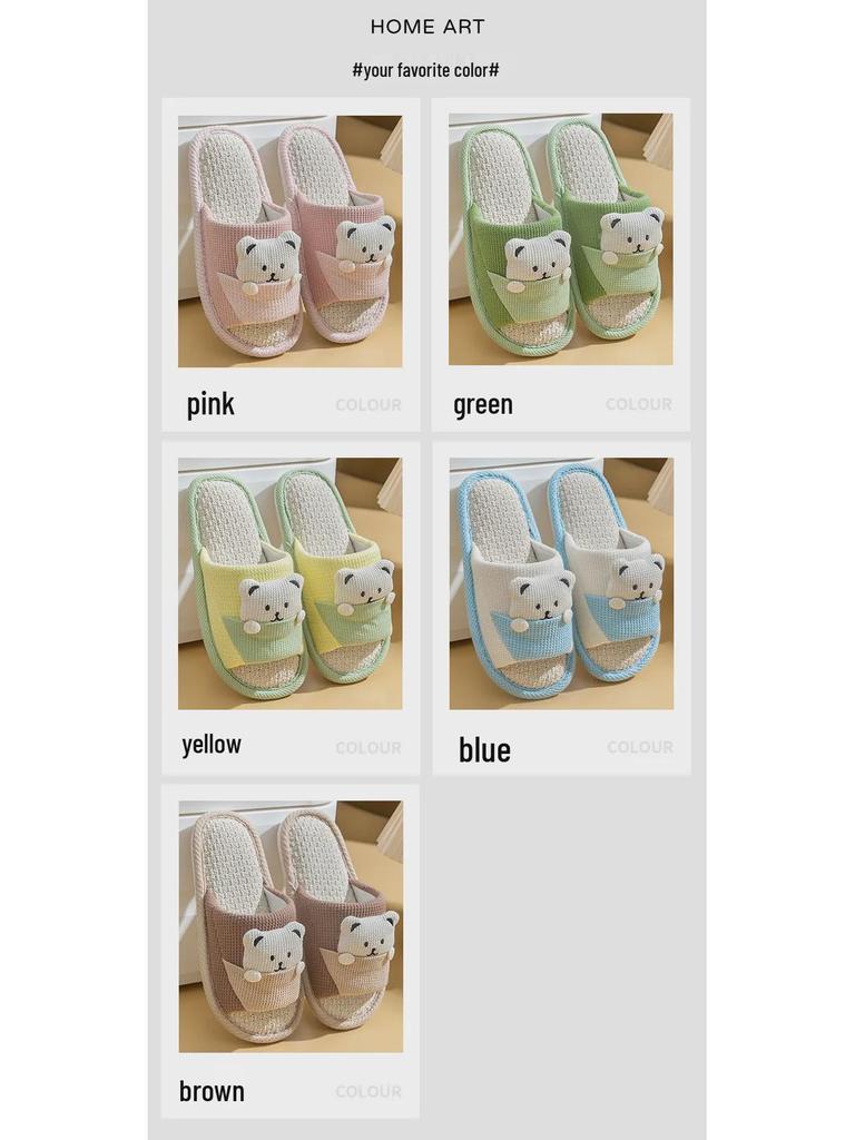 Women's Cartoon Bear Open-Toe Linen Slippers - Cozy Indoor Footwear for All Seasons