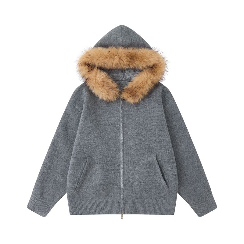 Dream Made American Style Detachable Fur Collar Hooded Cardigan Sweater Jacket Men's Autumn and Winter Couple Knitwear