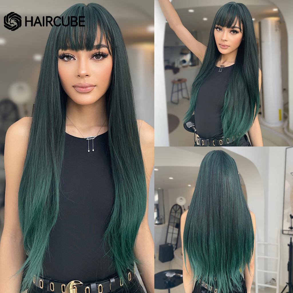 Long Wavy Layered Black-Brown Shoulder-Length Wigs With Bangs Heat Resistant Synthetic Wigs for Women Cosplay Daily Natural Wigs