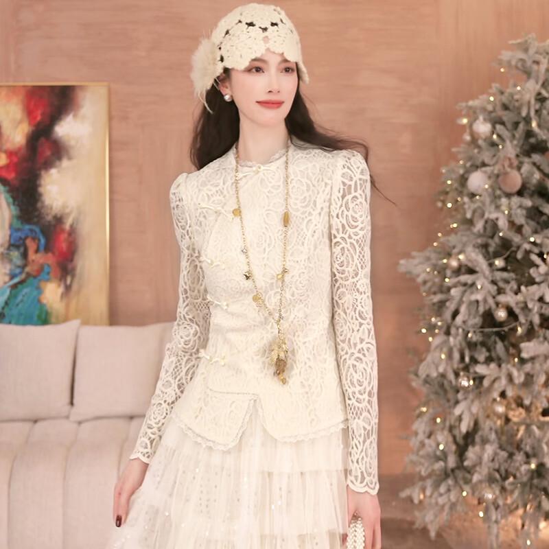 Bailuyu Women s Elegant Lace Trim Textured Blouse with Frog Buttons S