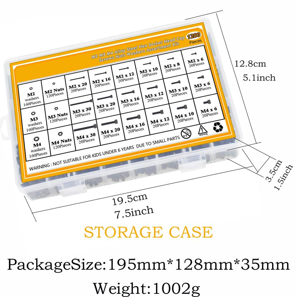 Sada 1200 ks černých šroubů s válcovou hlavou a šestihrannou drážkou, šroub s talířovou hlavou, matice, plochá podložka, krabička na šrouby