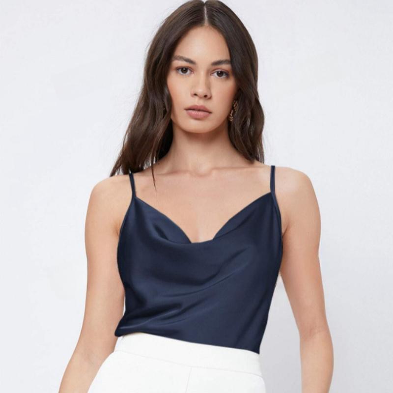 Summer Sleeveless Satin Base Casual Tank Tops Women Pile Collar Sexy Loose Tanks Women's Camis Elegant Slim Fit Simple Female Straps Tank Vest 26559
