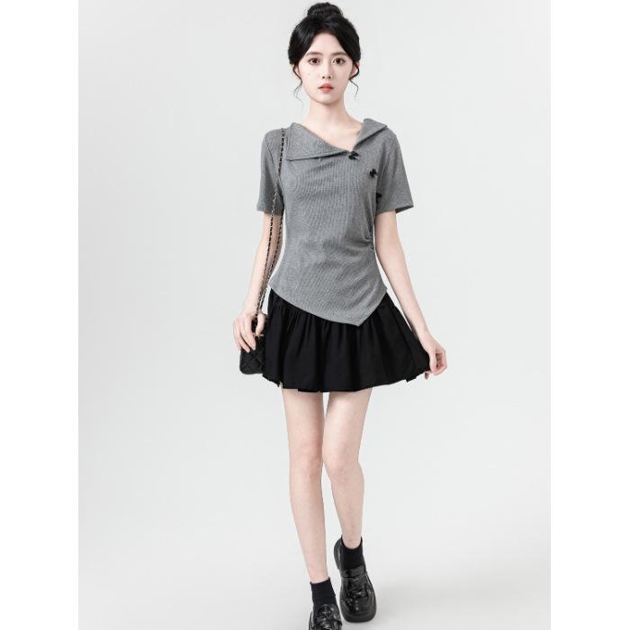 

No price reduction #French pit strip 300g gray T-shirt women s summer niche pleated front shoulder t-shirt short top S