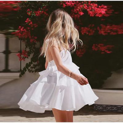 Sweet Ruffles Lace Up Party Dresses Women Sling Sleeveless Backless Beach Short Dress Summer Lady Robe