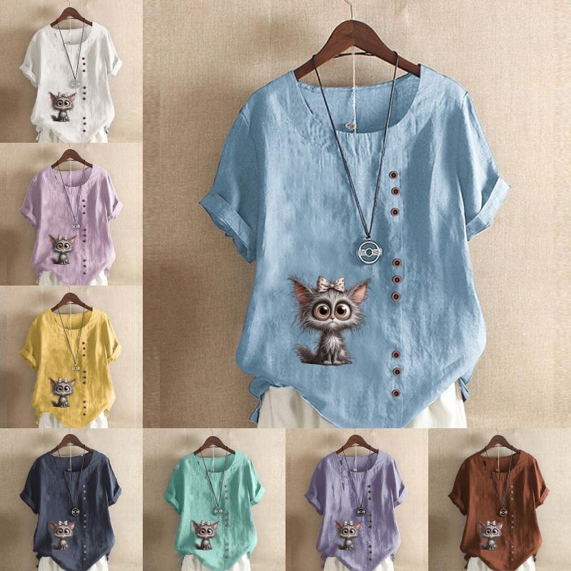 

Women s Fashion Cat Holding Flowers Prined Short Sleeve T-shirt Loose Cotton Shirt Casual Loose Summer Blouse Tops Plus Size 5XL білий