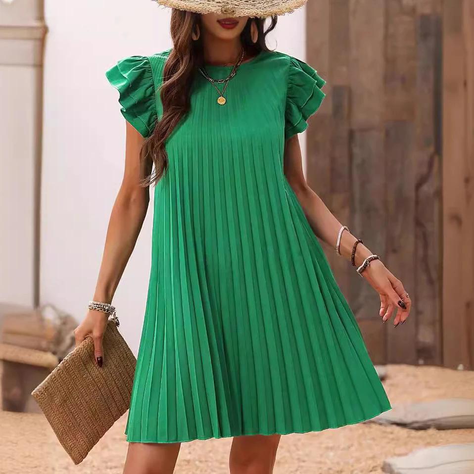 

Літні жінки вільні плісовані пляжні сукні суцільні сукні з рюшами та рукавами мила плісована сукня міні-сукня елегантні зелені сукні XL зелений