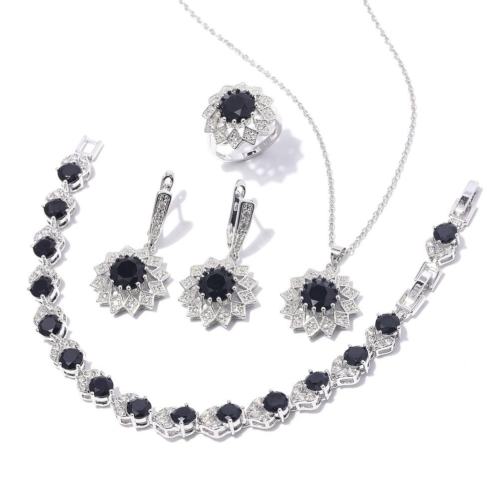 Round Zircon Necklace Earrings Ring Bracelet Set, Copper Set Zircon Platinum Plated Jewelry, Multicolor