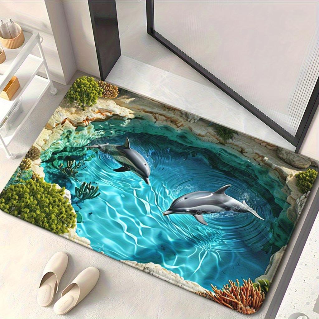 Dolphin Print Rug – Waterproof, Anti-Slip & Quick-Dry Machine Washable Mat for Living Room or Bathroom