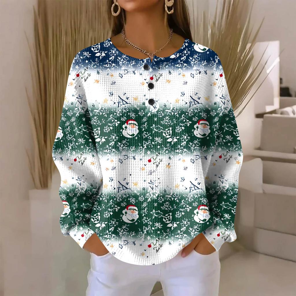 Camicia da donna alla moda casual con stampa natalizia, scollo a V, maniche lunghe e abbottonatura.
