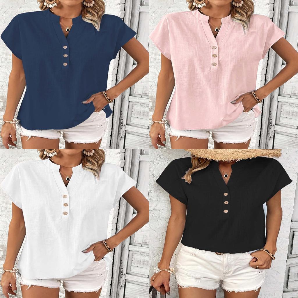 Camicetta Vintage in Lino e Cotone con Scollo a V e Maniche Corte per Uso Casual in Ufficio
