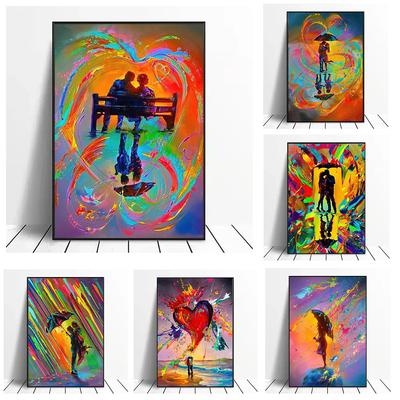 Akvarel Rainbow Rain Lovers Obraz na plátne Abstraktné graffiti Umelecké páry Objatie nástenný obraz do obývačky Home Decor