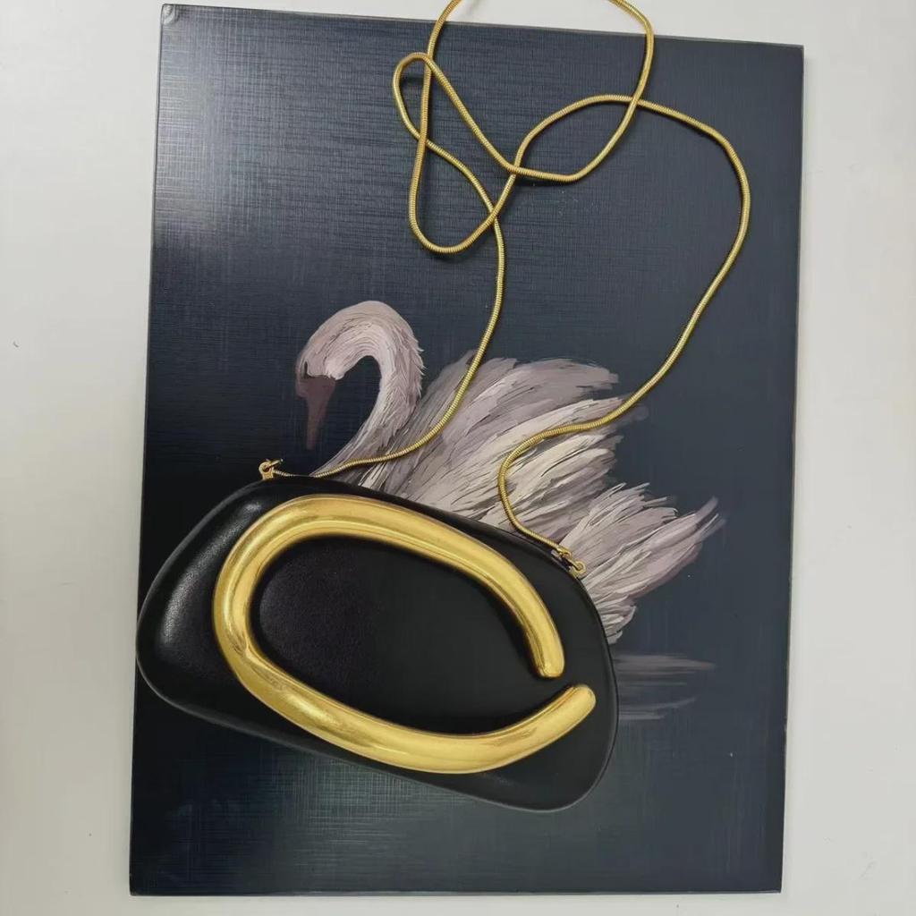 Vintage Round Evening Bag with Metal Handle & Chain Strap