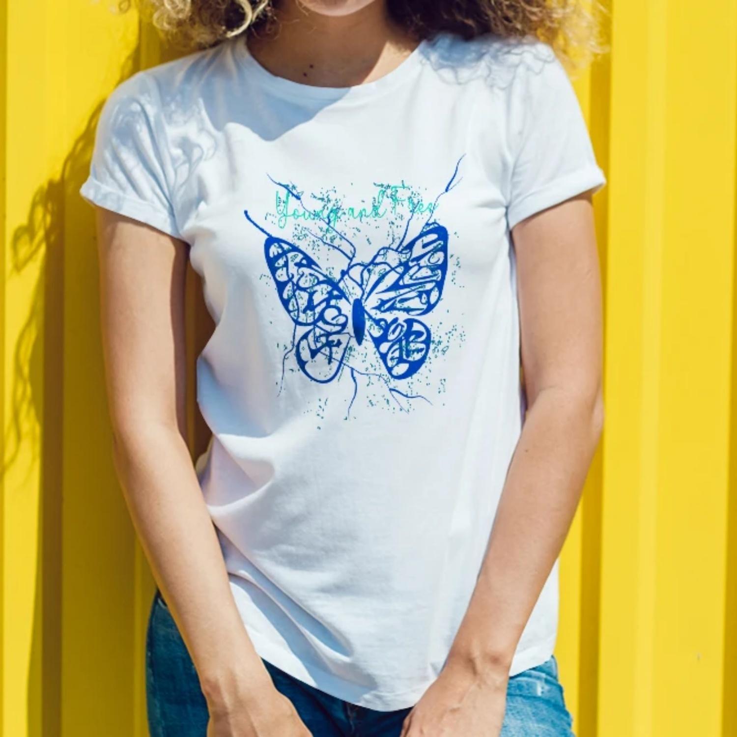 Elegant Womens Short Sleeve T Shirt You and The Sea Design with Blue Butterfly Graphic for a Dreamy Look S