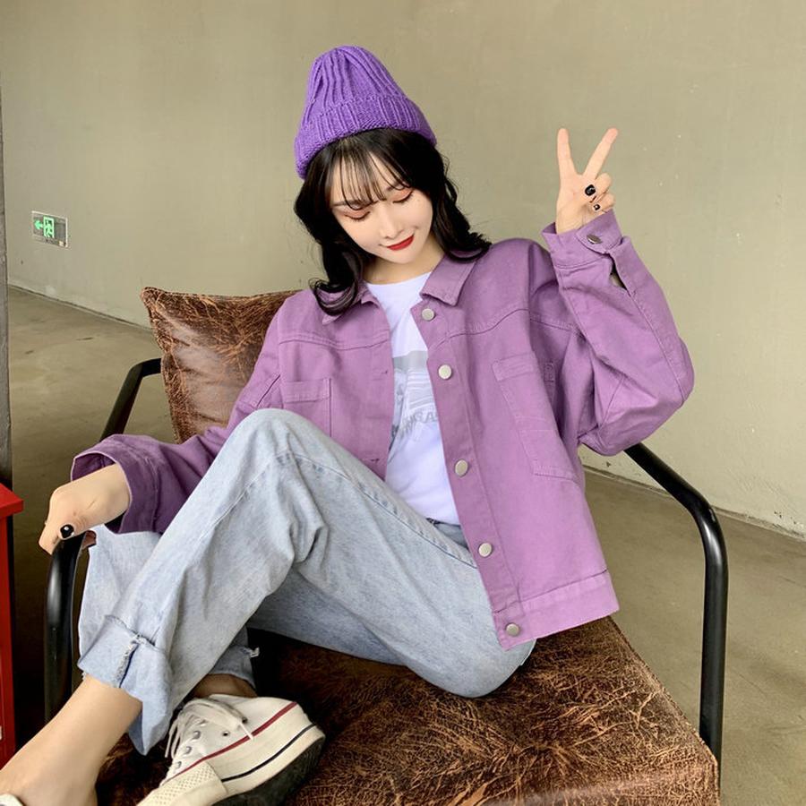 Új Lila Farmerdzseki Női Rövid Laza Vintage Retro Alkalmi Dzseki Felső Ins Divat