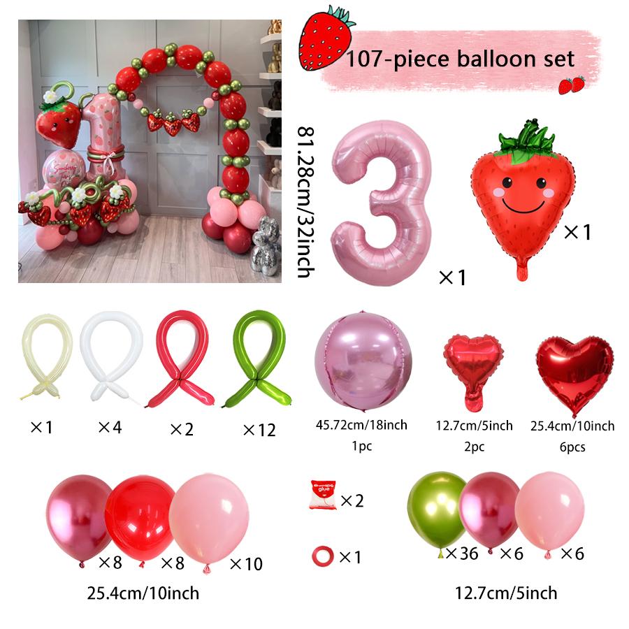 Pink Digital Strawberry Balloon Set 32 Inch Digital Balloon Strawberry Aluminum Film Balloon Birthday and Anniversary Decoration