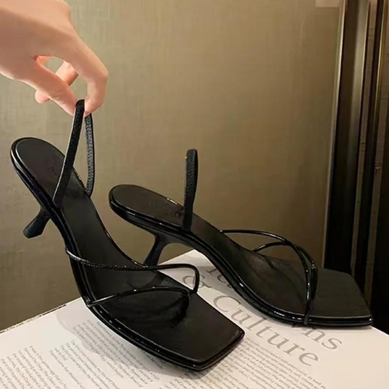 Fashion 2025 New French Fine Strap Square Head Design Sandals for Women's Summer Sexy Open Toe Clip Toe High Heel Shoes