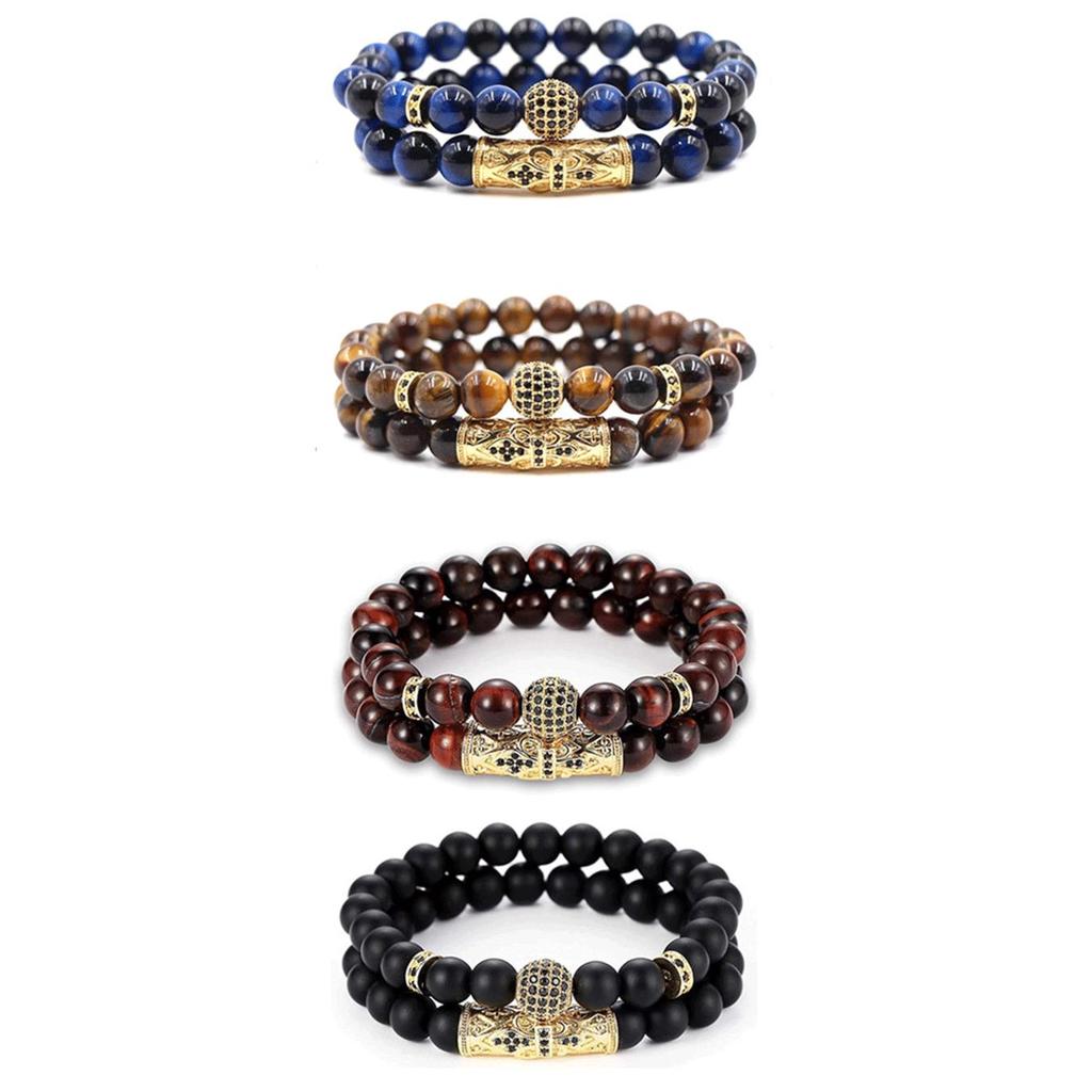 Cross Tiger Eye Copper Micro-inlaid Elastic Bracelet Set: Black Frosted Zirconia Beads in Punk Style
